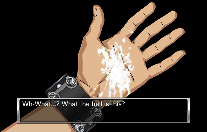 a hand with white liquid all over it. the dialogue box says 'w-what the... what the hell is this?!'